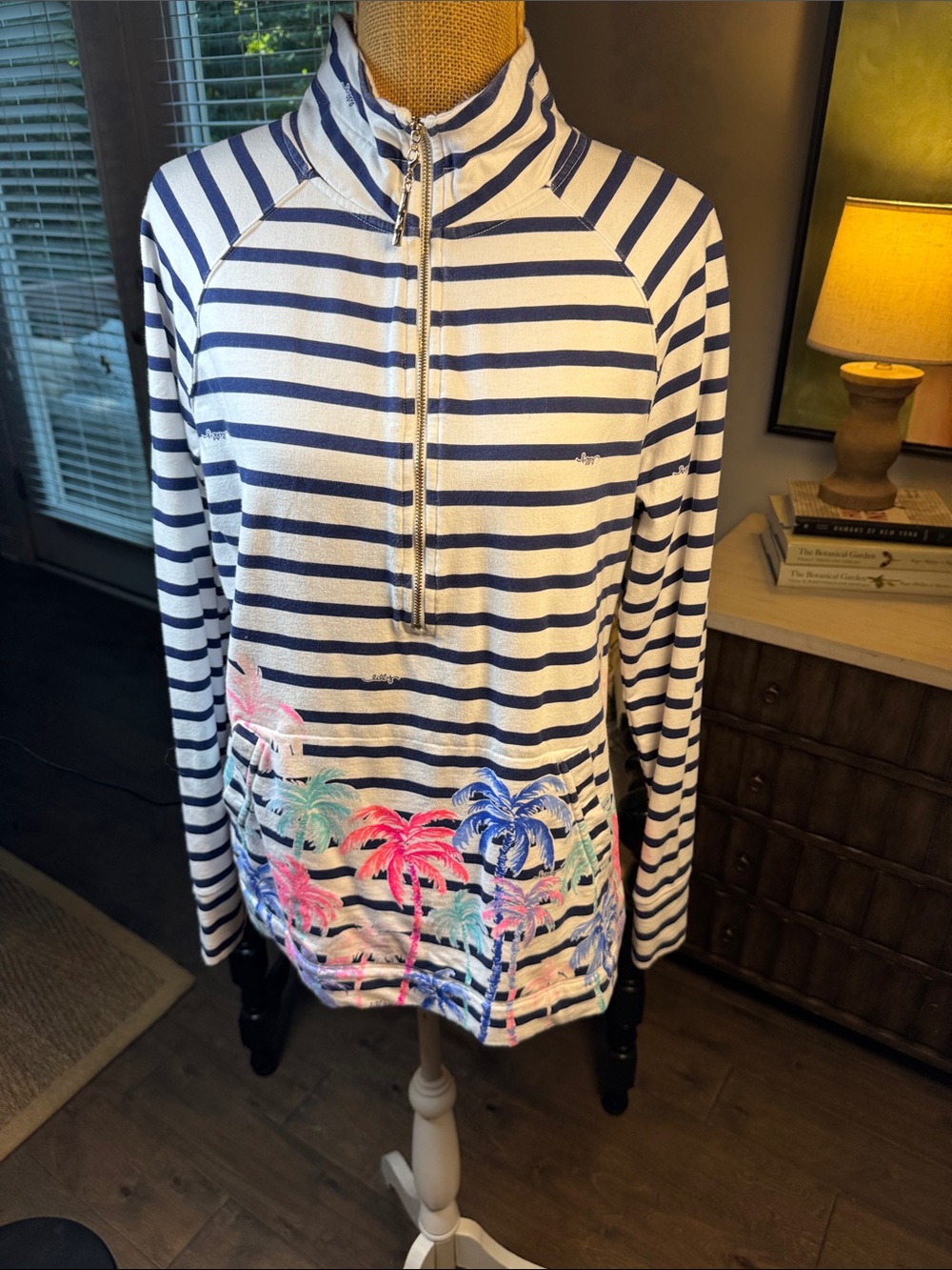 Lilly Pulitzer Navy and White Striped Top with Pink Logo Tag